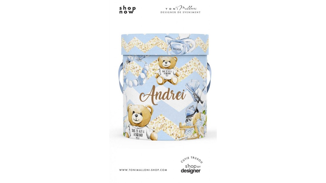 Cutie rotunda personalizata din mucava pentru trusou botez baieti Baby Dior 1